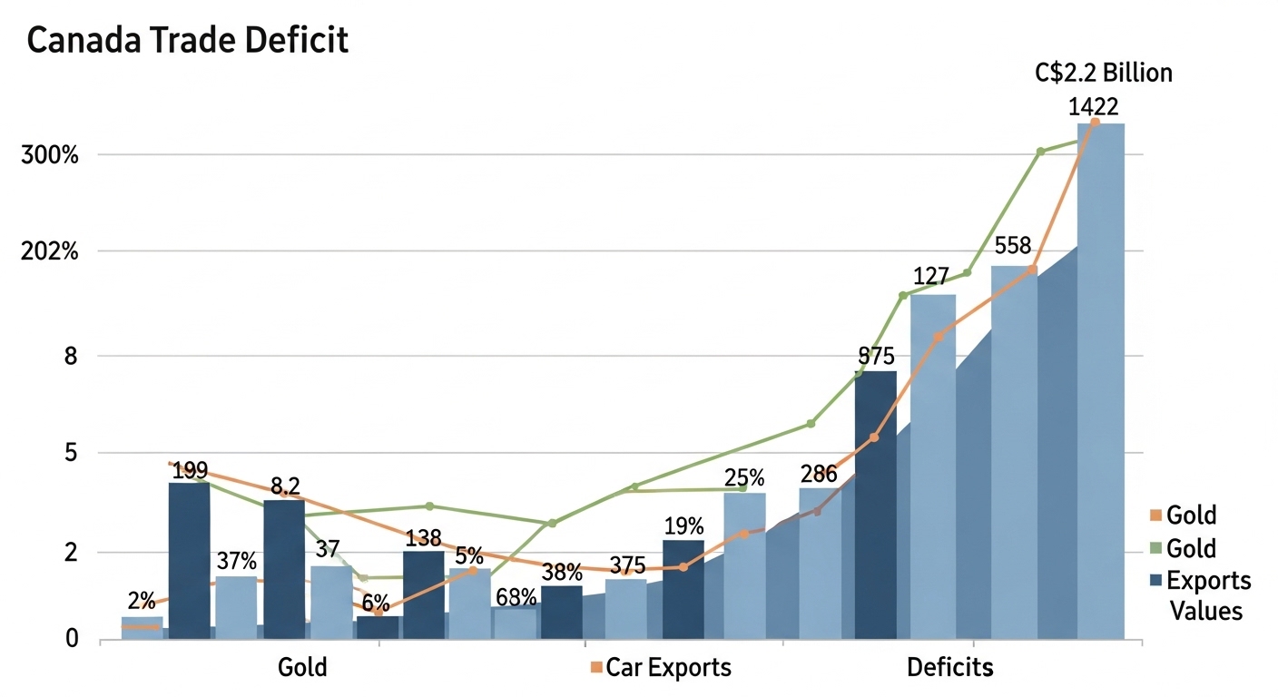 Déficit comercial do Canadá sobe a C$2,2 bi com ouro e carros caindo